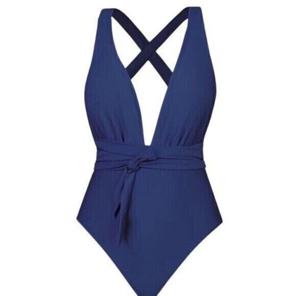 CUPSHE Women 1 Piece Halter Swimsuit M Blue Wrap V-Neck Crisscross Back Straps - Picture 6 of 9